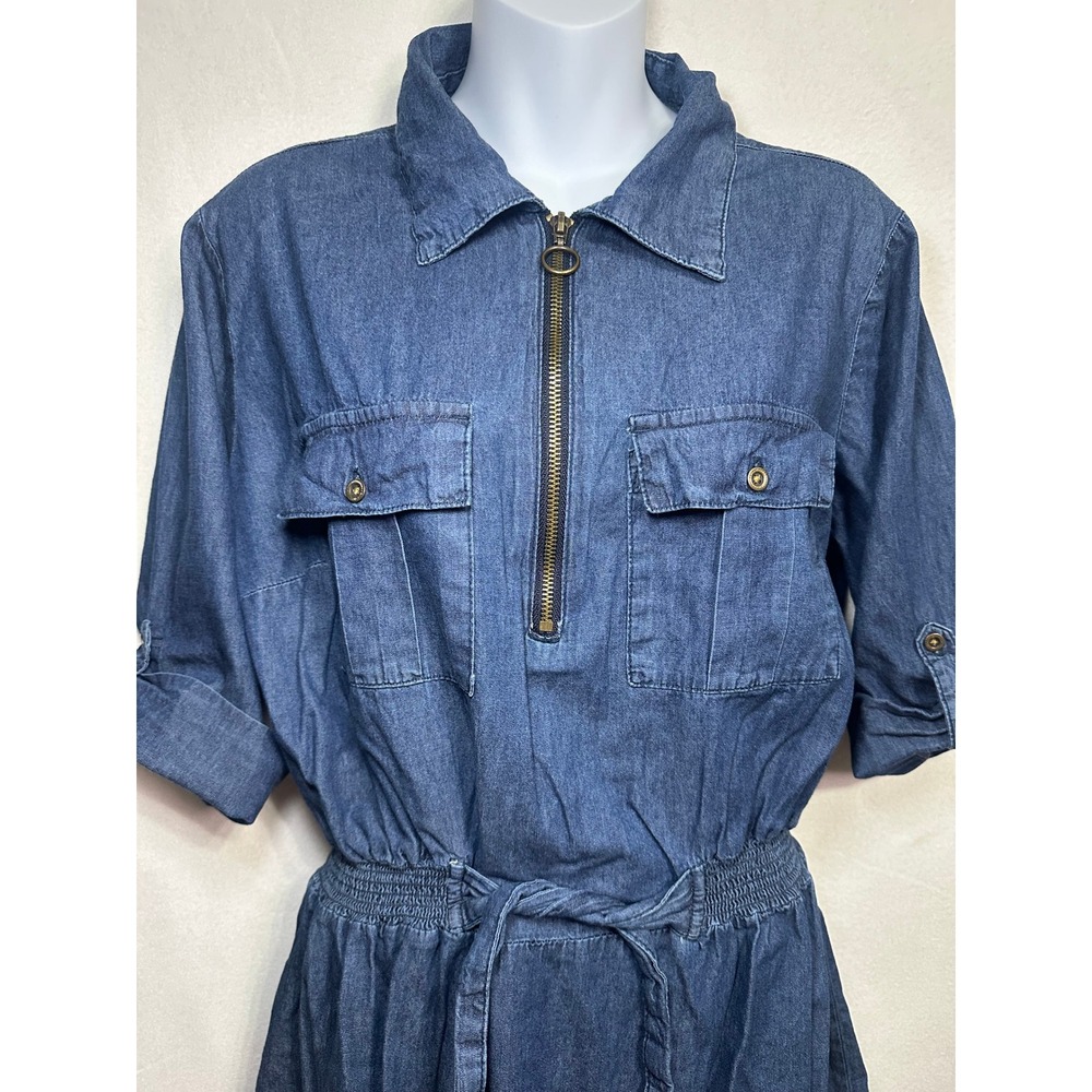 Millenium Blue Denim Shirt Dress XL Half Zip Short Sleeve Elastic Waist Tie Belt - Picture 4 of 10
